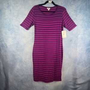LuLaRoe Julia Dress Womens M Purple Magenta Striped Short Sleeve‎ Sheath Midi